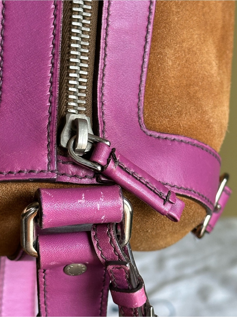 Prada Brown Suede Pink Leather Barrel Bag - Picture 12 of 17